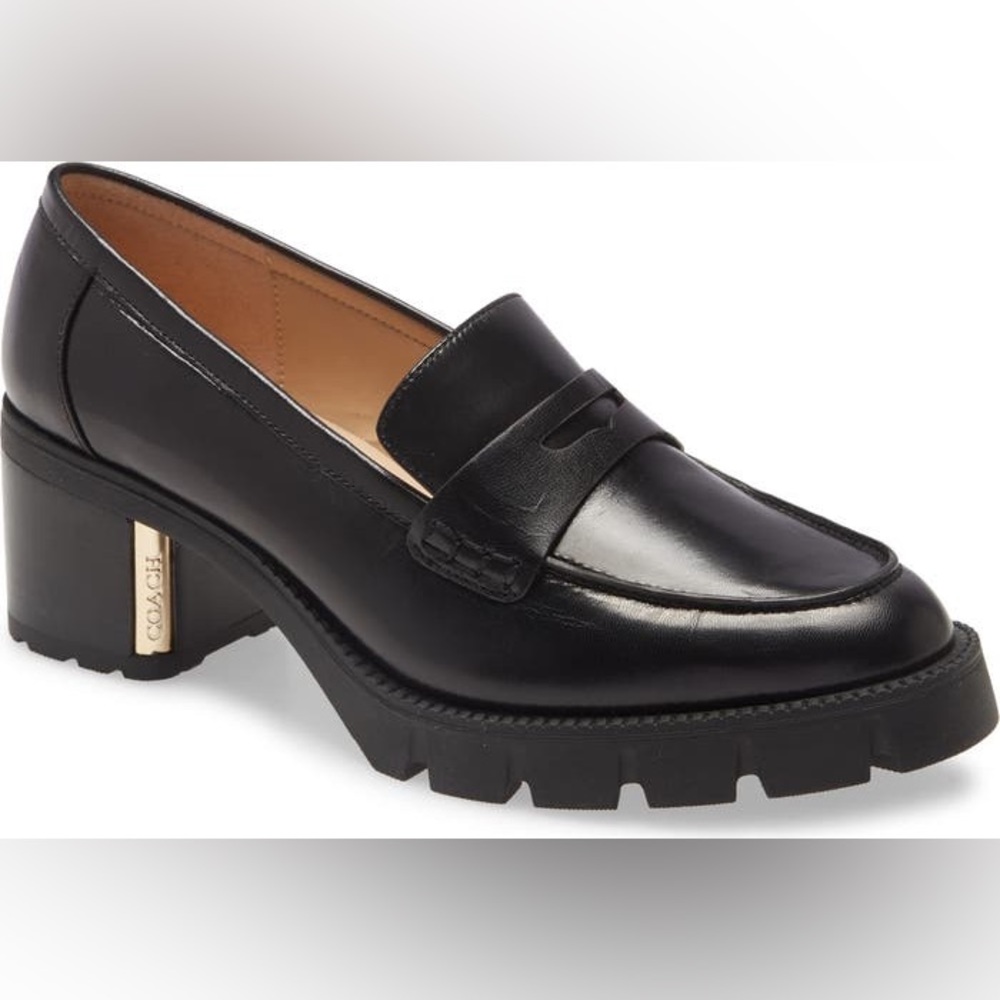 Coach Cora Block Heel Penny Loafer - Black, Size 5.5